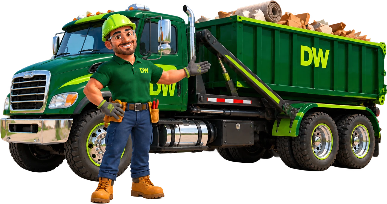 Cartoon DW mascot presenting a green roll-off dumpster truck